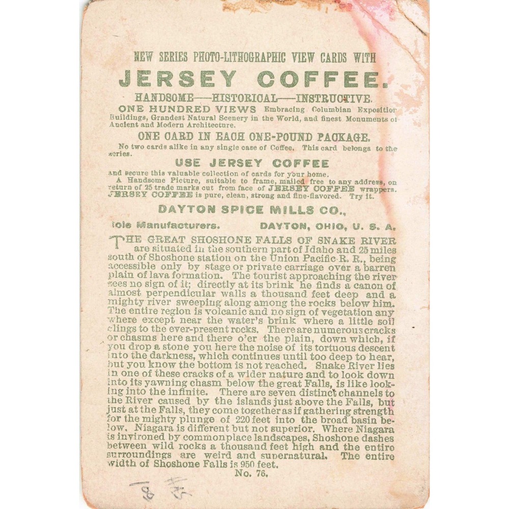 Antique Jersey Coffee Trade Card Great Shoshone Falls Idaho No 76 - Picture 2 of 2